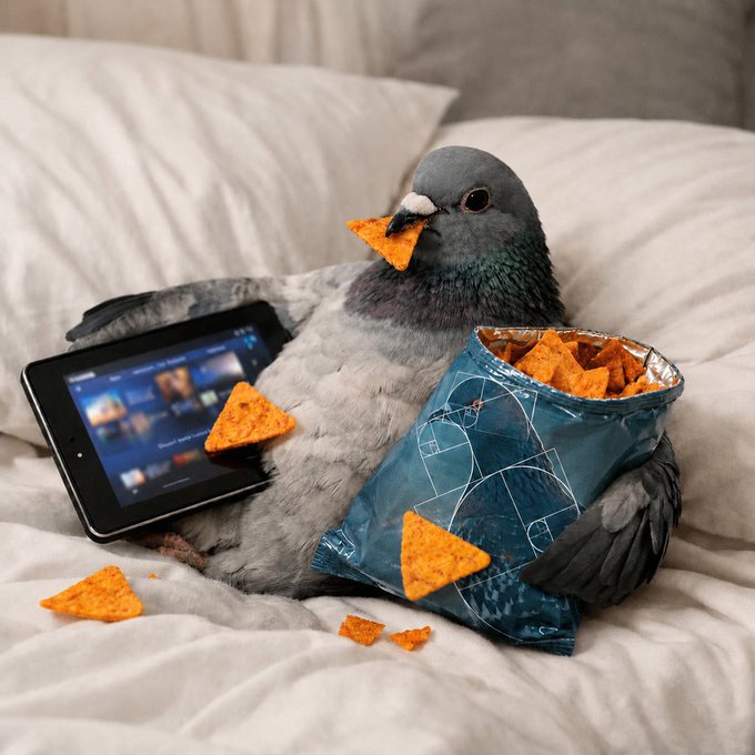 A pigeon lounges in bed with a tablet and a bag of Doritos, humorously embodying the post's meme of an "Anthropic Pigeon" receiving token distributions, with the tablet's screen showing what appears to be a video interface and no clearly legible text.