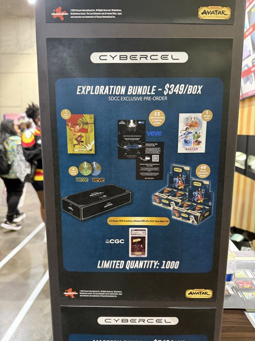 A CYBERCEL "Exploration Bundle" promotional sign priced at $349/box (SDCC Exclusive Pre-Order), limited to 1000, featuring items including a CGC graded card and Veve digital twins.