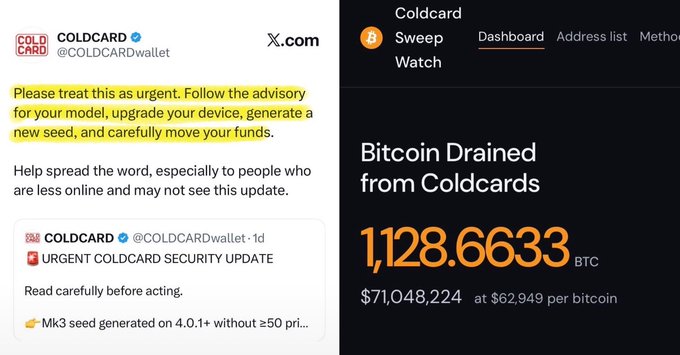 A security advisory screenshot showing a verified COLDCARD tweet (@COLDCARDwallet) urging users to upgrade devices and move funds, alongside a dashboard reporting "Bitcoin Drained from Coldcards" at 1,128.6633 BTC ($71,048,224).