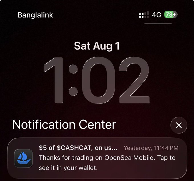 An iPhone lock screen showing the time '1:02' on 'Sat Aug 1' with a 'Bangalink' carrier and '4G' signal, displaying a Notification Center with an OpenSea Mobile alert thanking the user for trading and offering '$5 of $CASHCAT'.