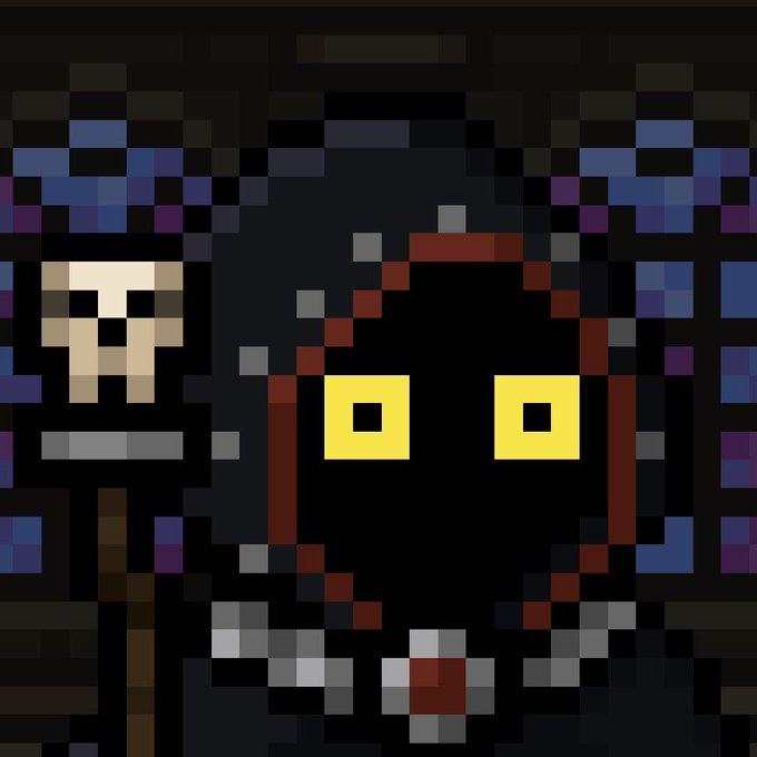 Pixel art featuring a dark figure with glowing yellow square eyes and a fanged mouth, holding a staff topped with a skull, against a dark brick background.
