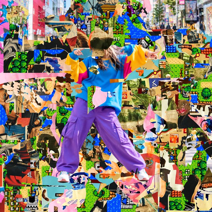 A vibrant mixed-media collage featuring a person in a blue and yellow color-blocked sweatshirt, purple cargo pants, and a beige cap, posed with arms outstretched against a chaotic background of pixel art, anime figures, and cartoon imagery.