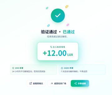 A Chinese verification success screen displaying '验证通过·已通过' (Verification passed) with a reward of +12.00 LUX credits and buttons for checking earnings, returning to promotions, and sharing.