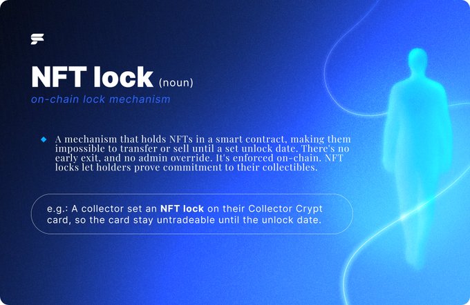 An informational graphic defining 'NFT lock' as an on-chain lock mechanism, featuring a glowing blue humanoid silhouette and example text about a Collector Crypt card.