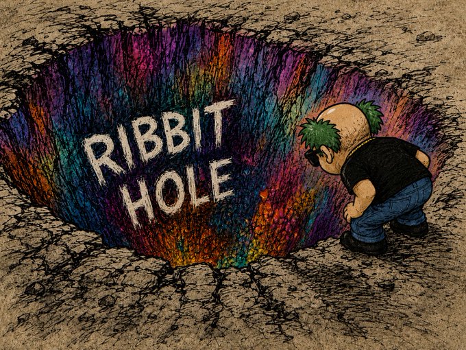 The image features a cartoon character, possibly a boy or a man, standing inside a hole that has been painted with rainbow colors. The character appears to be looking down into the hole, seemingly intrigued by its contents. The background of the image is white, which contrasts with the colorful hole and makes it stand out more prominently. The caption "Day #30 of $TIBBIR comics" suggests that this scene might be part of a series or collection of illustrations related to the character Day #30.