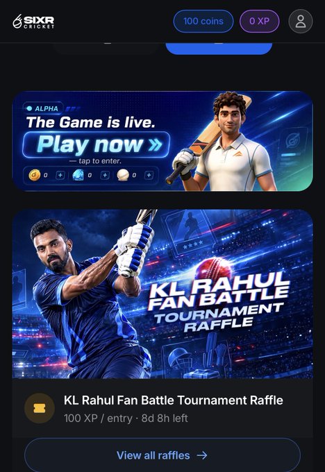 The image shows the SIXR Cricket app interface featuring a $1,000,000 Power Play tournament with a "Play now" button and a KL Rahul Fan Battle Tournament Raffle offering 100 XP per entry, aligning with the post's announcement of the global online cricket tournament's prize pool and free entry opportunity.