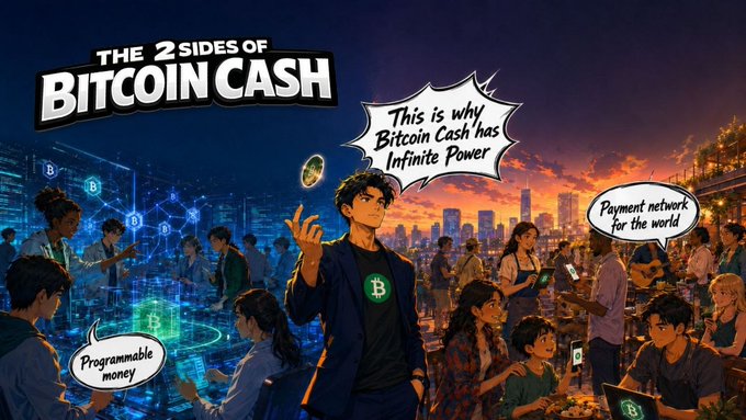 An illustrated promotional graphic titled 'THE 2 SIDES OF BITCOIN CASH' depicting an anime-style man tossing a Bitcoin Cash coin, with speech bubbles reading 'This is why Bitcoin Cash has Infinite Power,' 'Programmable money,' and 'Payment network for the world.'