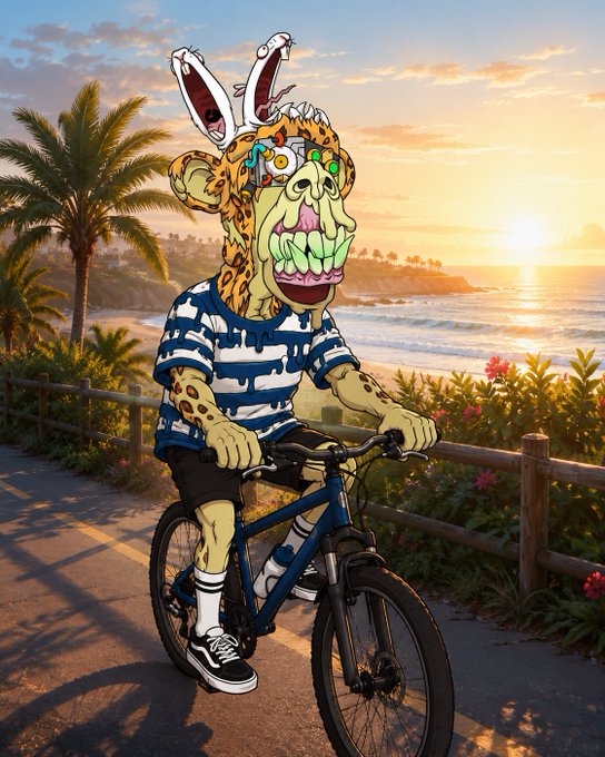 An animated cartoon illustration of a quirky character with rabbit ears and a colorful leopard-print face riding a bicycle along a coastal path at sunset, with palm trees and ocean visible in the background.