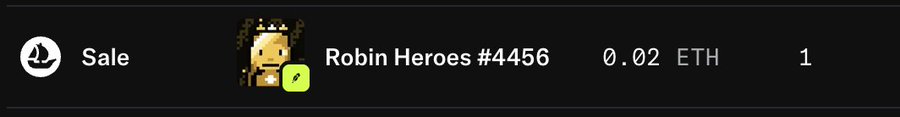 A marketplace listing showing an NFT sale of 'Robin Heroes #4456' priced at 0.02 ETH with a quantity of 1.