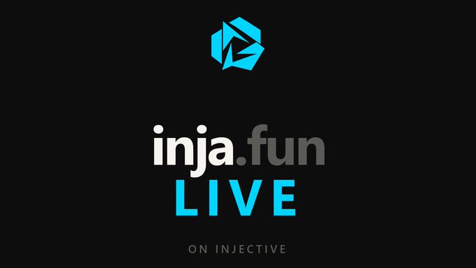 A black promotional banner featuring a cyan hexagonal logo above the text "inja.fun LIVE" in white and gray, with "ON INJECTIVE" displayed below in small cyan letters. The image serves as an announcement graphic supporting the launch of inja.fun, a one-click coin launchpad on the Injective blockchain.
