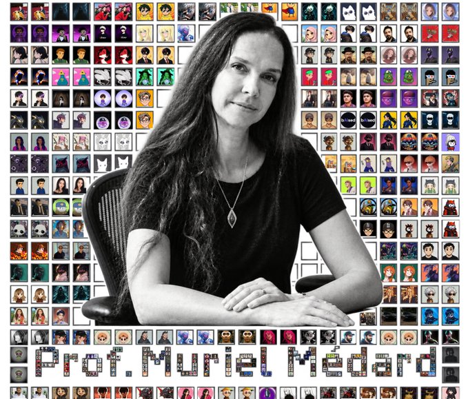 A black-and-white portrait of a woman with long hair sitting in a chair against a wall covered in colorful pixel-art character avatars, with text at the bottom reading 'Prof. Muriel Medard'.
