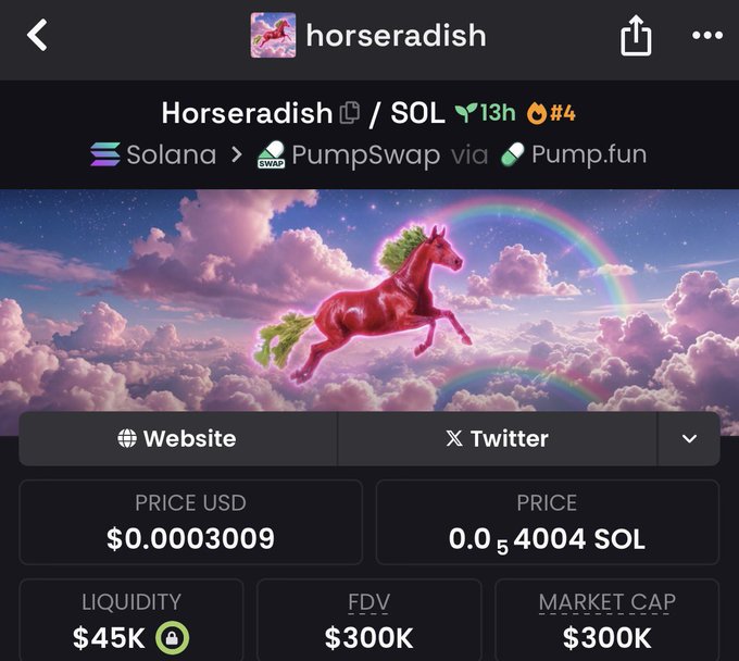 A screenshot of the "horseradish" token page on DexScreener showing a price of $0.0003009, 0.00004004 SOL, $45K liquidity, and $300K FDV/Market Cap, though the post is actually highlighting a different early-stage token, $LEBOMB, that the author is watching before it gains traction. The image appears unrelated to the post's actual subject, serving more as an example of the type of low-cap memecoin listings found on PumpSwap via Pump.fun on Solana.