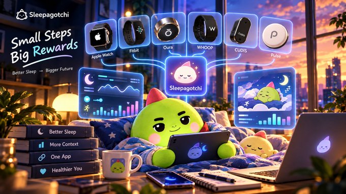 A colorful advertisement for 'Sleepagotchi' featuring the tagline 'Small Steps Big Rewards - Better Sleep, Bigger Future,' showing a green character surrounded by images of sleep trackers like Apple Watch, Fitbit, Oura, WHOOP, CUDOS, and Pulse.