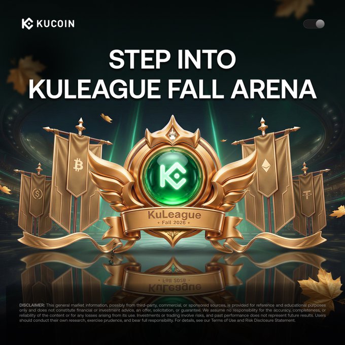 KuCoin promotes its "Kuleague Fall 2026" trading competition with a dramatic banner reading "STEP INTO KULEAGUE FALL ARENA," featuring a golden crest and green gem centered above a banner labeled "Kuleague Fall 2026," flanked by flags bearing crypto symbols like Bitcoin—visually tying into the post's announcement of the KuTrader Alliance KuLeague competition.