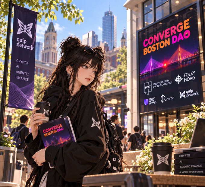 An anime-style illustration depicts a dark-haired woman holding a 'Converge Boston DAO' book and coffee cup, with banners reading 'quip network CRYPTO AI AGENTIC FINANCE' and a large 'CONVERGE BOSTON DAO' billboard in a city setting.