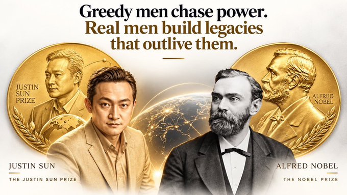 An advertisement comparing Justin Sun to Alfred Nobel with the tagline 'Greedy men chase power. Real men build legacies that outlive them,' featuring portraits of both men next to gold medals and a globe.
