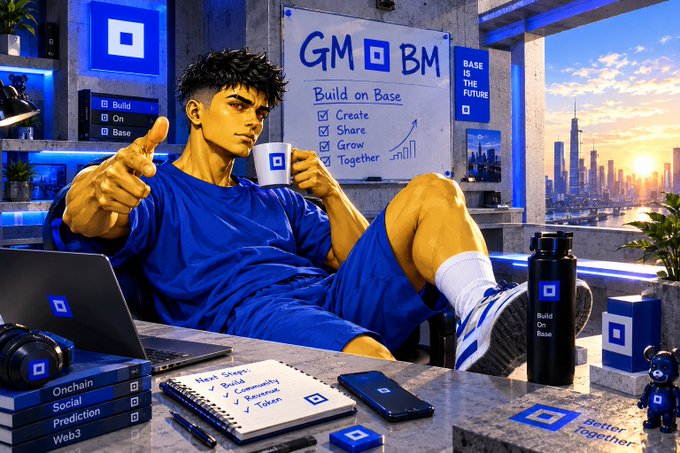 A stylized digital illustration of a man in blue athletic wear giving a thumbs-up, with text including 'GM', 'BM', 'Build on Base', and 'Build Together' visible.