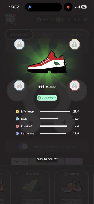 The image shows a phone screen displaying an app called "Around the World" with a red shoe as its main feature. The app has four levels, each offering different challenges or tasks related to shoes. The user can choose their preferred level by clicking on the corresponding icon. The app also provides information about the shoe's features and how it works.