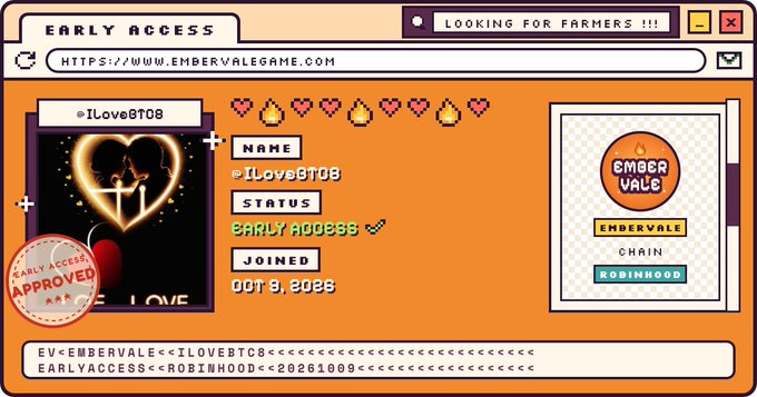 A retro-styled early access graphic for the game Embervale, featuring a window-style UI with the URL https://www.embervalegame.com, displaying the username @ILoveBT08, an 'EARLY ACCESS' status badge, joined date of OCT 8, 2025, and a Robinhood chain link.