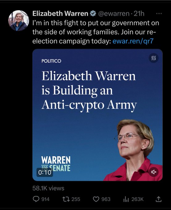 A tweet from Elizabeth Warren (@ewarren) states 'I'm in this fight to put our government on the side of working families. Join our re-election campaign today: ewar.ren/qr7,' featuring a video thumbnail titled 'Elizabeth Warren is Building an Anti-crypto Army' with the 'Warren for Senate' logo.