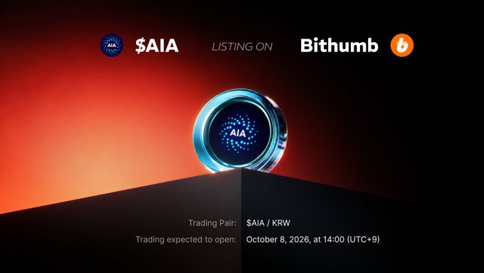 A promotional graphic announcing the listing of the $AIA token on Bithumb, with trading pair $AIA/KRW expected to open on October 8, 2026, at 14:00 (UTC+9).