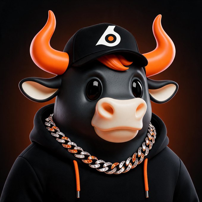 A stylized 3D cartoon bull character wearing a black cap with a white logo, black hoodie, and a sparkling diamond-encrusted chain necklace, with vibrant orange horns. The bullish imagery and "black bull mode" caption reinforce a confident, aggressive market sentiment often associated with rising prices or bullish trading momentum.
