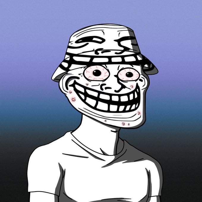 A cartoon illustration of a distorted, grinning character wearing a bucket hat and a white t-shirt against a blue gradient background.