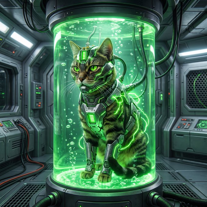 A digital artwork depicts a tabby cat wearing futuristic mechanical armor, submerged in a glowing green liquid within a cylindrical sci-fi containment tank.