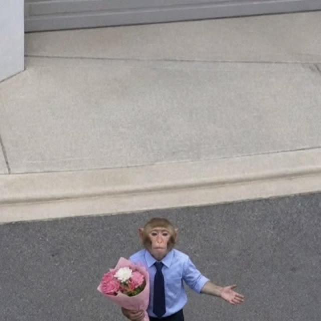 A monkey wearing a light blue dress shirt and dark tie stands on a street holding a bouquet of pink and white flowers.