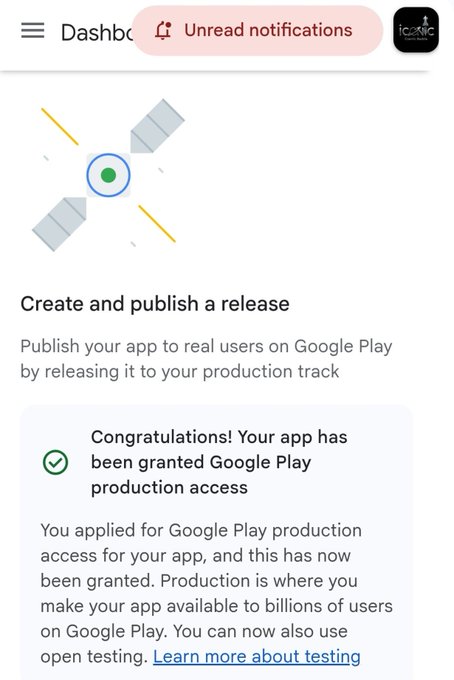 A Google Play dashboard notification congratulates the user on being granted Google Play production access, allowing them to publish their app to real users. The image supports the post announcing that "ICONIC" is officially available as an app on Google Play.