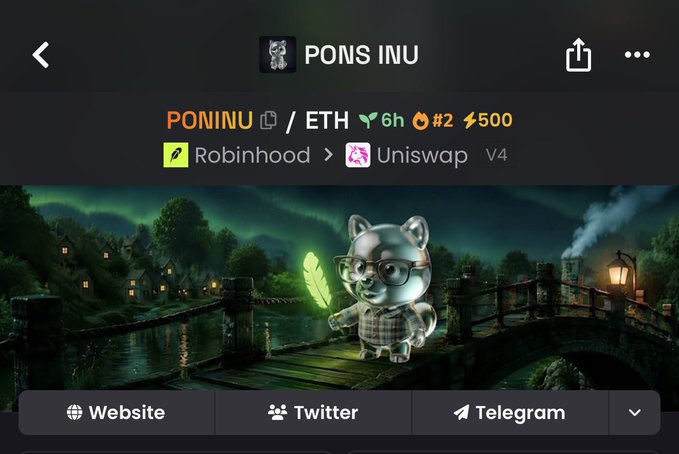 A mobile screenshot of the PONS INU (PONINU/ETH) token page on a decentralized exchange, showing a "$500" market cap, 6-hour-old listing bridging from Robinhood to Uniswap V4, and featuring a cartoon cat mascot on a wooden bridge. The post promotes the token as "undervalued" and heading "to millions," reinforcing the project's optimistic price prediction.