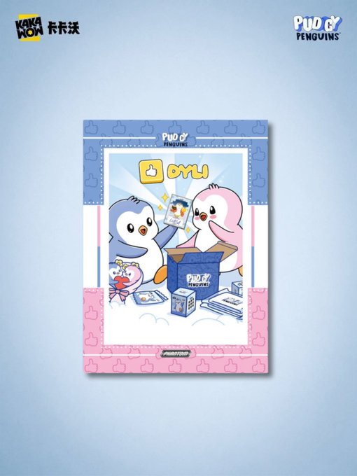 A PUDGY PENGUINS and KAKA Friends collaboration trading card featuring pink and blue penguin characters unboxing merchandise, displayed against a light blue background.