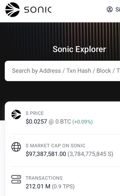 The Sonic Explorer dashboard showing the S price at $0.0257 (+0.09%), market cap of $97,387,581, and 212.01M transactions at 0.9 TPS.