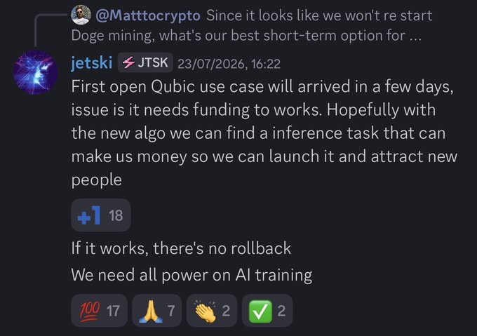 A Discord message from user "jetski" (@JTSK) on 23/07/2026 announces that Qubic's first AI use case will arrive in days but requires funding, with plans to find a profitable inference task using their new algorithm. The message has 18+1 reactions and emphasizes the need to focus all power on AI training with "no rollback."