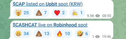 Two social media posts show that the memecoin $CAP is listed on Upbit (KRW) trading pair with 25 laughing emoji reactions, while $CASHCAT is now live on Robinhood spot with 34 laughing reactions. The image highlights both listings, including specific engagement metrics like $CAP's 9.5K views at 08:55 and $CASHCAT's view count at 19:46, visually reinforcing the announcement of $CASHCAT's Robinhood debut as part of the ongoing "meme season."