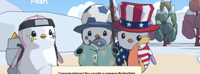 Three cartoon penguins stand together in a snowy setting, with one wearing a ninja headband, another in a cap holding a fish, and a third in an Uncle Sam hat. Text reads 'Congratulations! You caught a common Butterflyfish!'