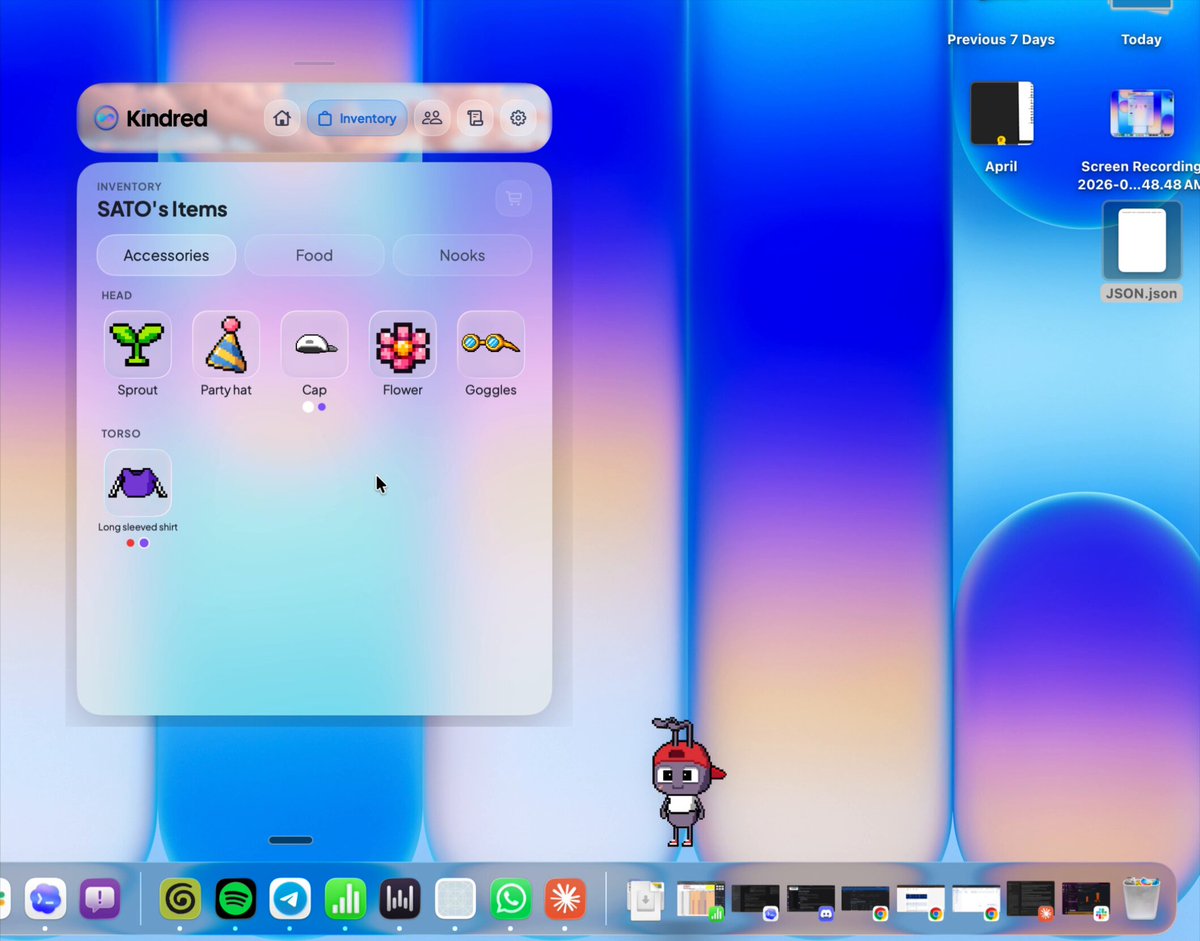 The image shows a computer screen displaying a desktop background with a blue and purple color scheme, along with various icons representing different items such as a robot, flowers, and a book. The main focus of the image is an advertisement for SATO products that encourages users to download the original website for more information on how to adopt their own SATO companion through the Kindred platform.