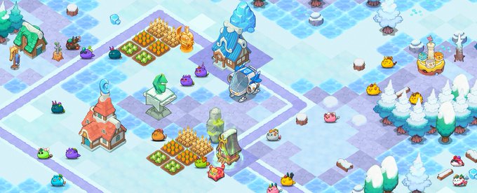 A colorful isometric mobile game screenshot showing a winter-themed base with snow-covered trees, characters, and various buildings on a grid layout.