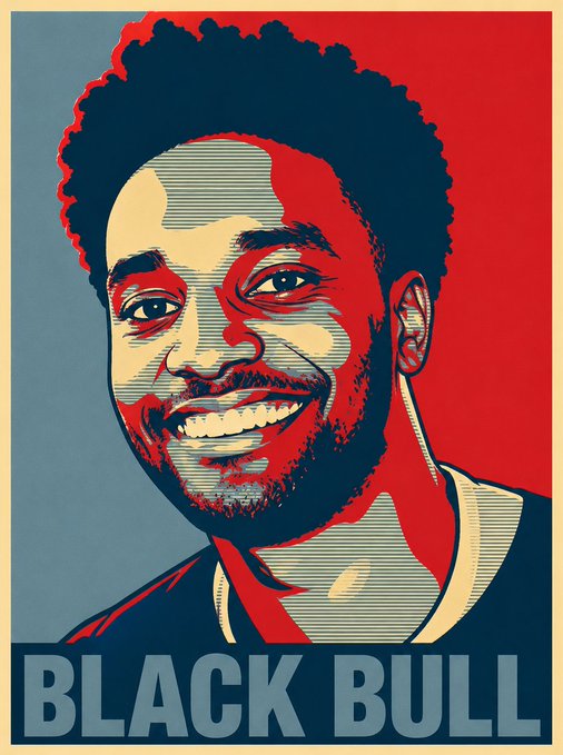 A stylized propaganda-style poster shows a smiling young man with curly hair in red, blue, and beige tones, with the text 'BLACK BULL' at the bottom.