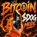 A vibrant graphic with the text 'BITCOIN $DOG MODE' featuring a Shiba Inu dog wearing a top hat, set against a fiery orange background.