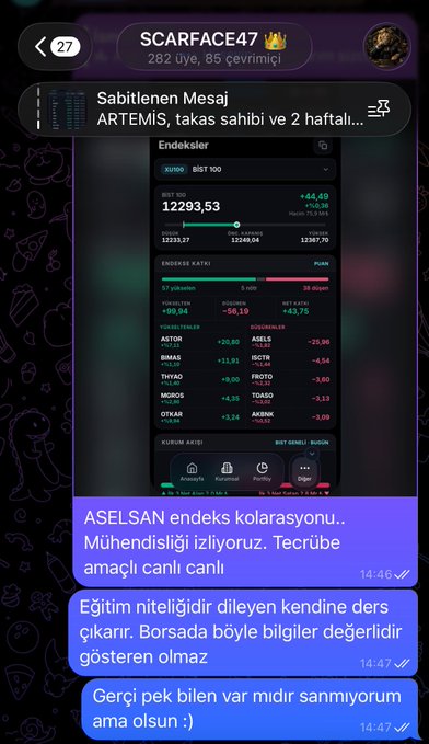 A mobile phone screenshot of a Telegram group chat in Turkish (user 'SCARFACE47') discussing a stock market crash, showing a screenshot of the BIST 100 index at 12293.53 down 0.36%, with messages mentioning ASELSAN and civil engineering students.
