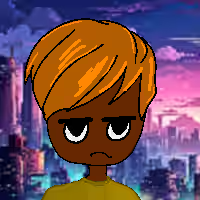 An animated cartoon character with blonde hair and a serious expression stands against a stylized cityscape background at dusk.