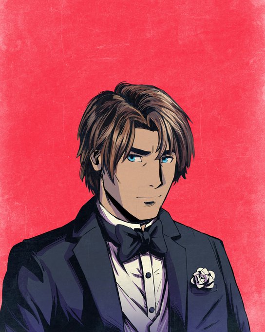 An anime-style illustration of a young man with brown hair and blue eyes wearing a formal black tuxedo with a bow tie and white rose boutonniere, set against a textured red background.
