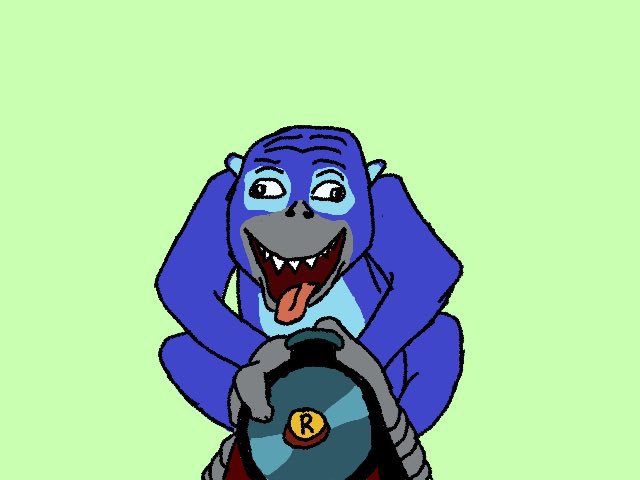 A cartoon illustration of a blue monkey-like creature with a wide, toothy grin holding a green 8-ball against a solid green background.