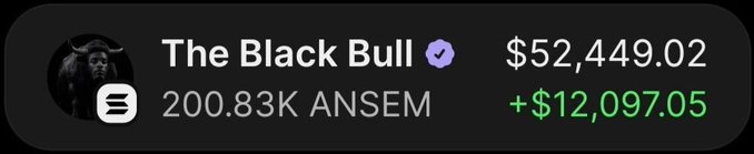 The image shows a crypto wallet tracker displaying "The Black Bull" verified wallet holding 200.83K ANSEM tokens, valued at $52,449.02 with a $12,097.05 gain. This visualizes the post's claim of turning a $7,400 investment in $Ansem into massive profits, showcasing the wallet's substantial current holdings and gains as evidence of the successful trade.