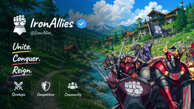 A promotional graphic for 'IronAllies' featuring armored knights in a fantasy landscape, with the tagline 'Unite. Conquer. Reign.' and tags for Strategic, Competitive, and Community.