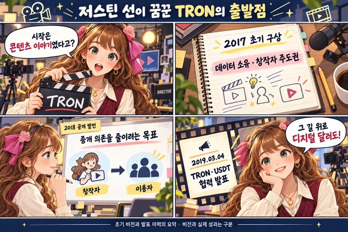 A Korean-language illustrated infographic about the "TRON" platform's launch, featuring anime-style characters and notes on Justin Sun, founder events, and "TRON·USDT" partnership from "2019.03.04".