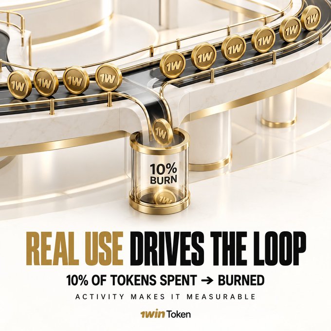 Promotional graphic for the '1win Token' featuring gold coins labeled '1W' flowing along a track with text reading 'REAL USE DRIVES THE LOOP' and '10% OF TOKENS SPENT → BURNED, ACTIVITY MAKES IT MEASURABLE,' plus a '10% BURN' container.