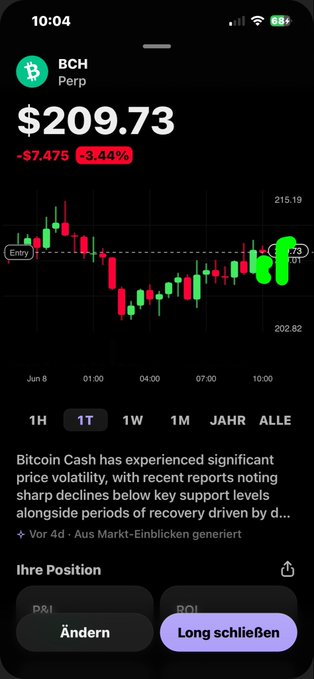 In this image, a smartphone screen displays a Bitcoin Cash value of $209,735.49 at 11:45am. The phone's interface is in German, with instructions for the user about the bitcoin cash asset.