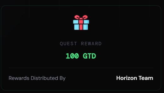 A Quest Reward card showing 100 GTD distributed by the Horizon Team, matching the giveaway promotion for joining the cloudquest.asia camp quest.